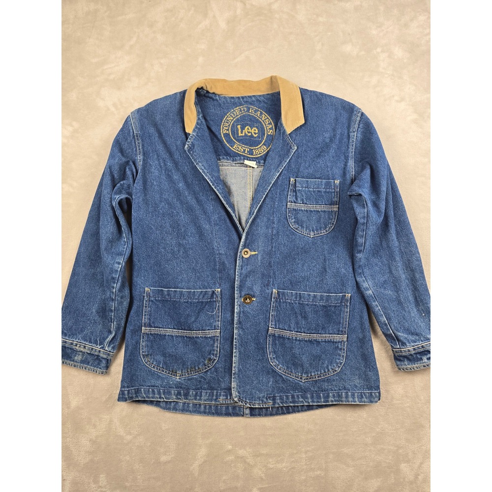 Vintage Lee Chore Barn Jacket Mens L Blue Denim Corduroy Collar Coat USA Made